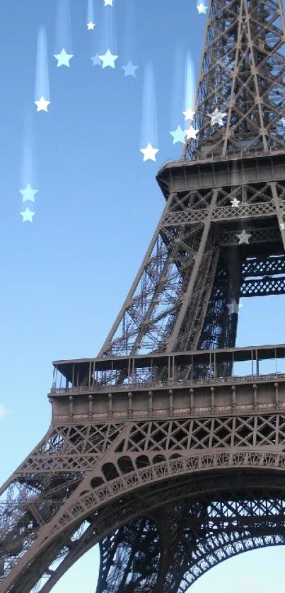 Eiffel Tower with falling stars in a clear blue sky