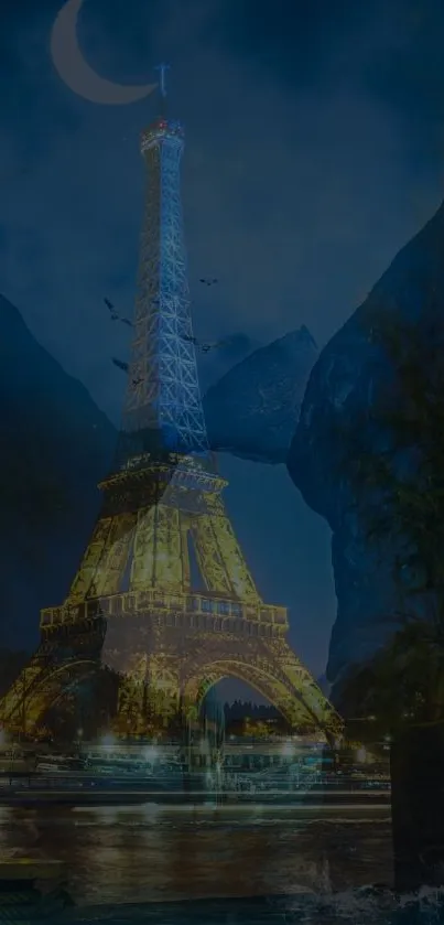 Eiffel Tower against a dreamy night sky and mountains.