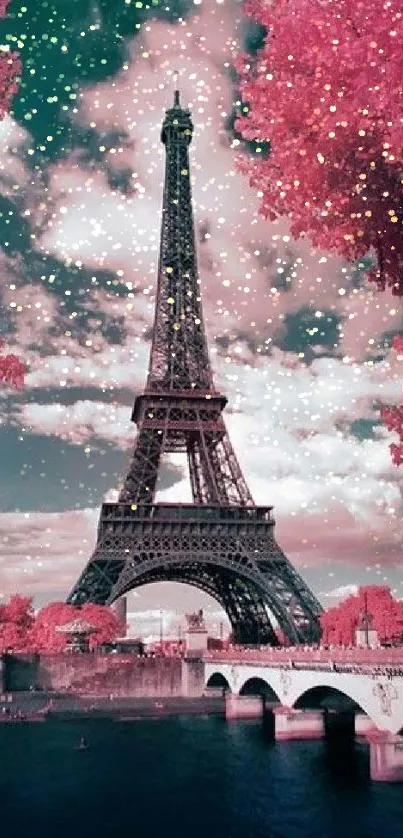 Dreamy Eiffel Tower with pink foliage and vibrant sky.