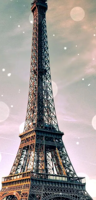 Eiffel Tower with dreamy soft lights glowing in the evening sky.