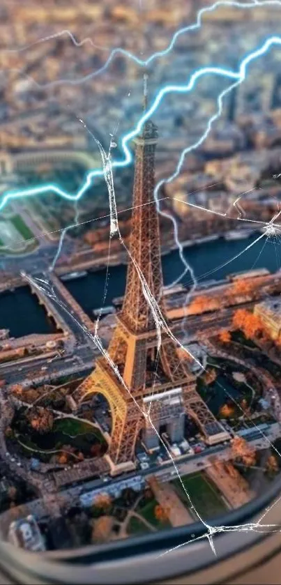 Aerial Eiffel Tower scene with electric lightning and cracked glass effect.