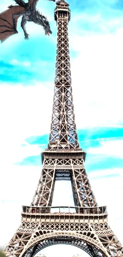 A dragon flies over the Eiffel Tower against a vibrant blue sky.