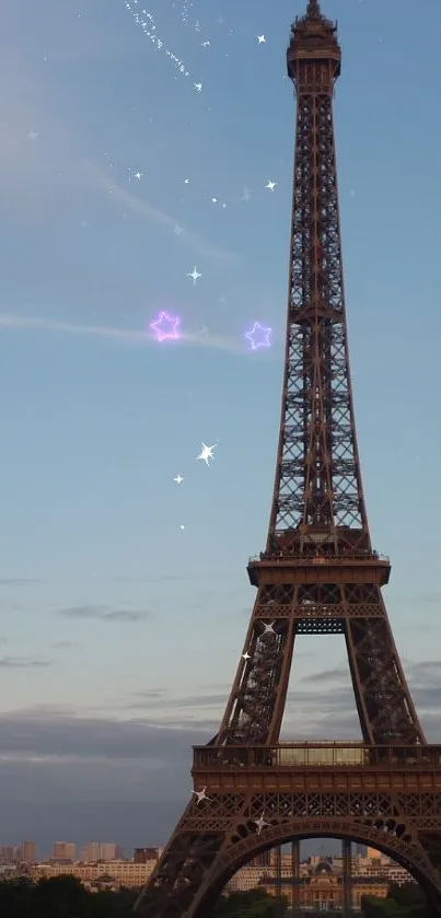 Eiffel Tower with stars in a dreamy sky.