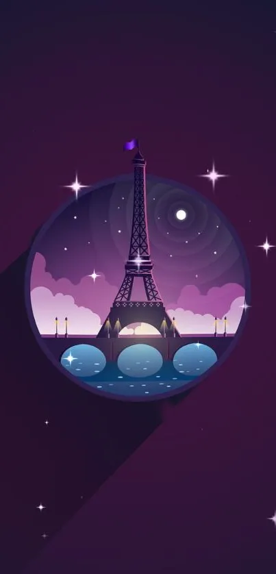 Eiffel Tower under a fantasy night sky with purple hues.