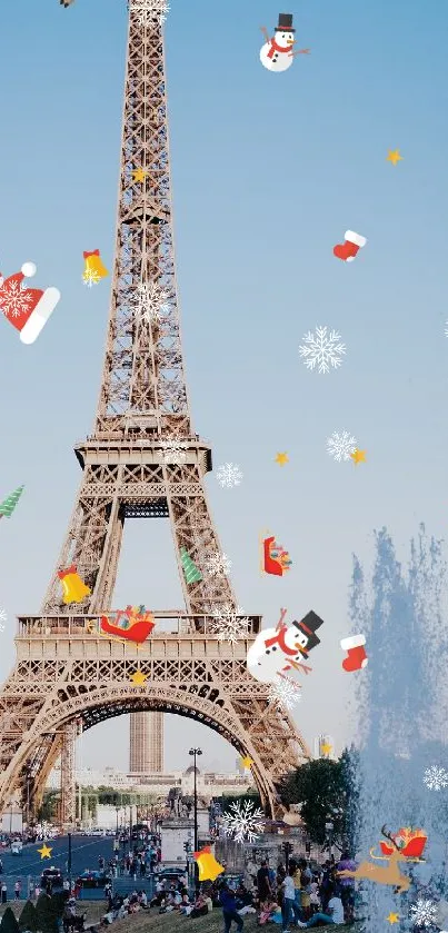 Festive Eiffel Tower wallpaper with holiday decorations.