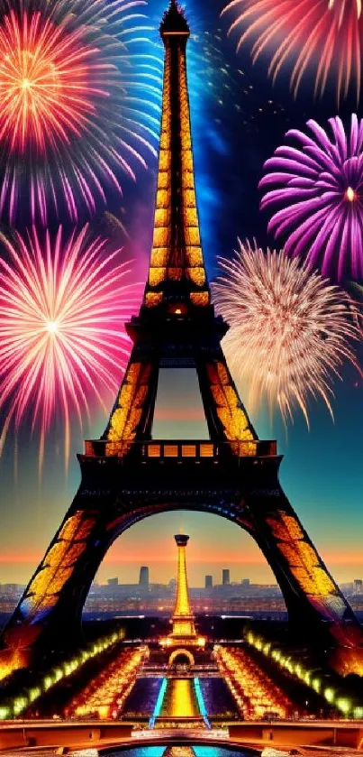 Eiffel Tower illuminated by vibrant fireworks against a nighttime Parisian skyline.