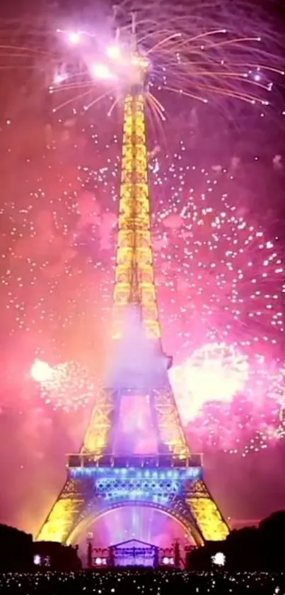 Eiffel Tower with vibrant fireworks at night.