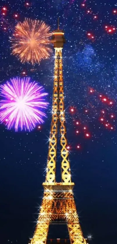 Eiffel Tower with vibrant fireworks display in Paris night sky.