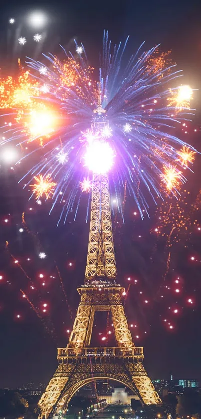 Eiffel Tower illuminated with colorful fireworks at night.