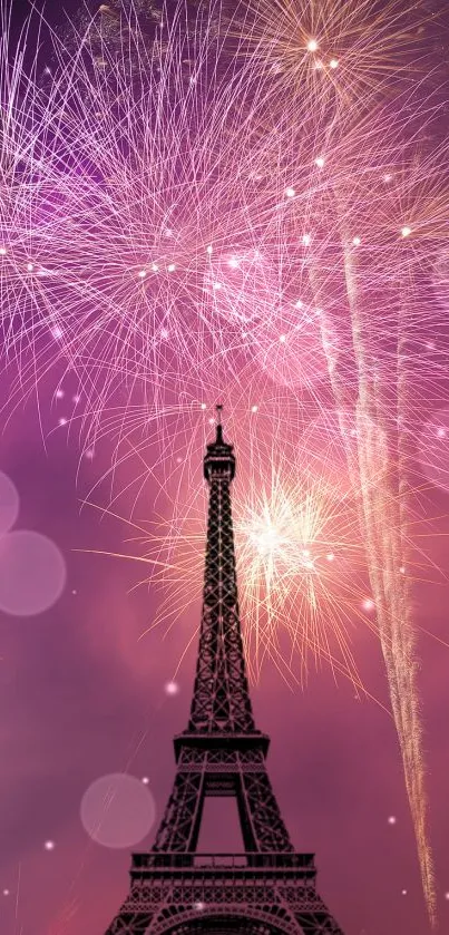 Eiffel Tower with fireworks illuminating the night sky.