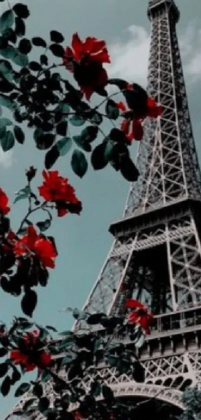 Eiffel Tower with red roses and teal sky, perfect for mobile wallpaper.