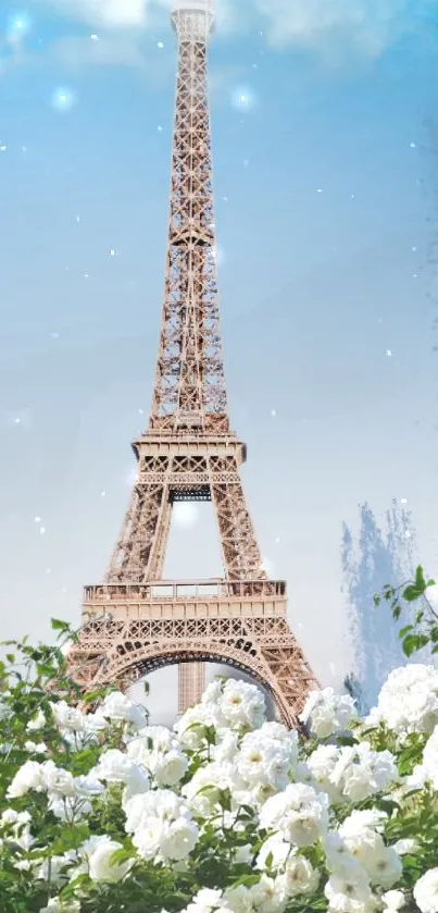 Eiffel Tower with white flowers under a blue sky.