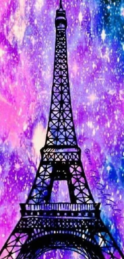 Eiffel Tower with purple galaxy backdrop for mobile wallpaper.