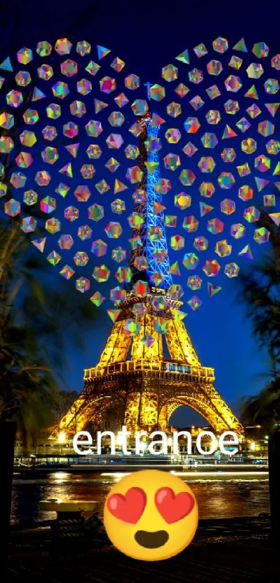 Eiffel Tower with heart-shaped lights on a mobile wallpaper at night.