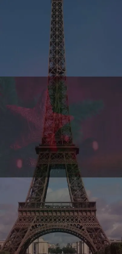 Mobile wallpaper of Eiffel Tower with holiday theme and colorful blend.