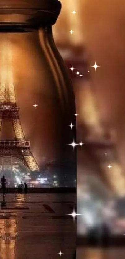 Eiffel Tower viewed through a glass jar at night.