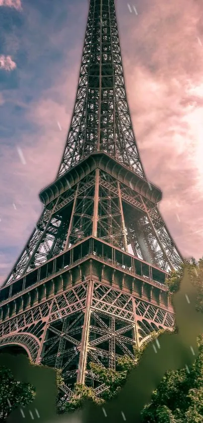 Eiffel Tower with pink sky background wallpaper.