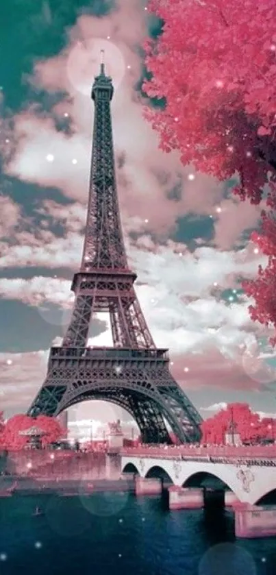 Eiffel Tower with pink trees and sky in mobile wallpaper.