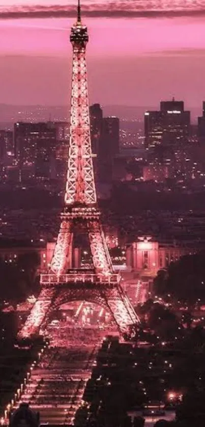 Vibrant pink Eiffel Tower at twilight in Paris.