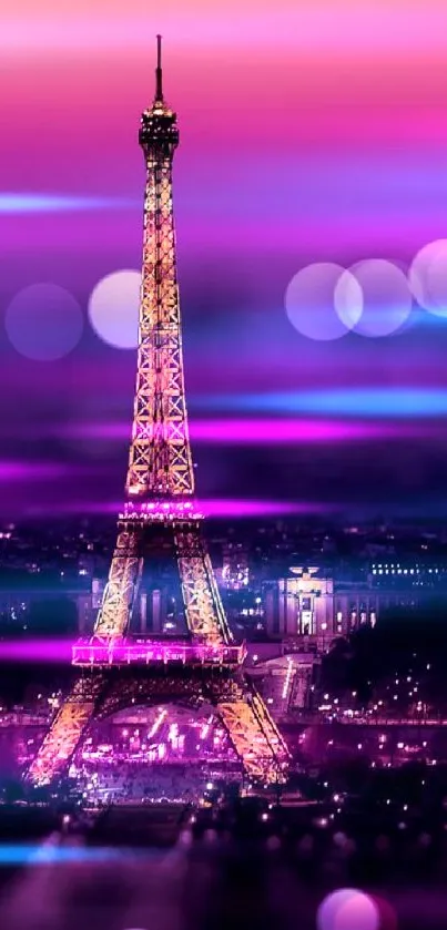 Eiffel Tower under purple and pink night sky, glowing lights in Paris.