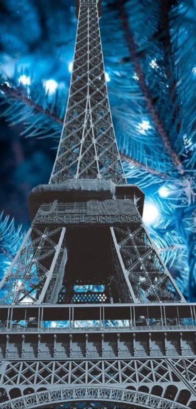 Eiffel Tower with blue winter foliage in the background.