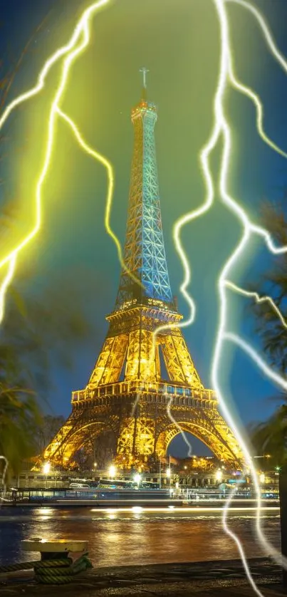 Eiffel Tower at night with lightning in vibrant colors