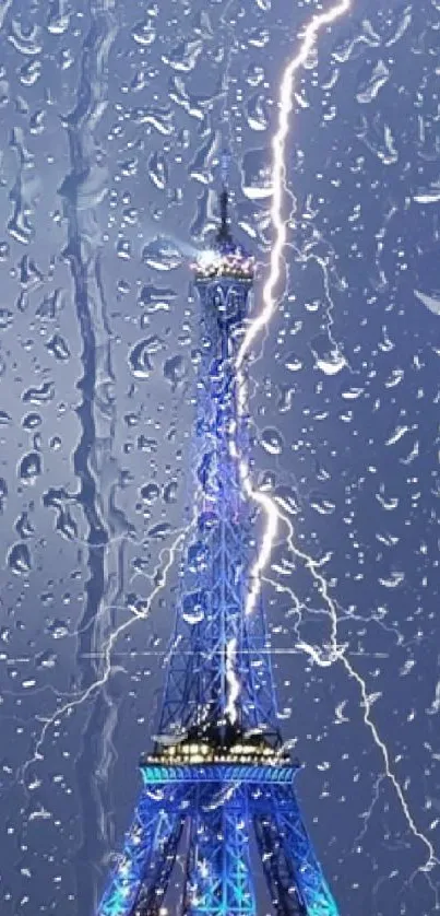 Eiffel Tower illuminated by lightning against a blue night sky.