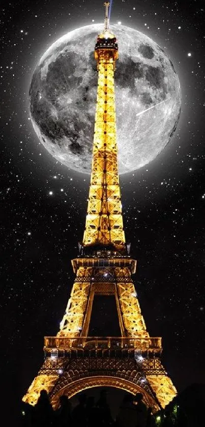 Eiffel Tower glowing under a full moon.