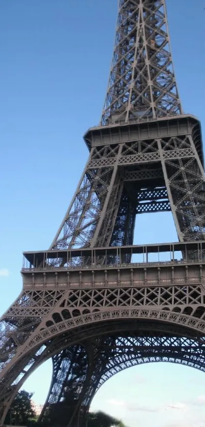 Eiffel Tower viewed from below in daytime, blue sky background.