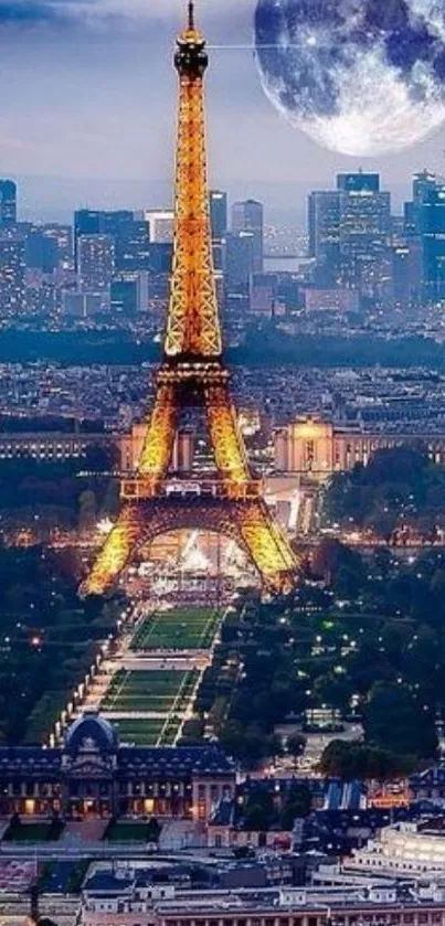 Moonlit Eiffel Tower with Paris skyline.