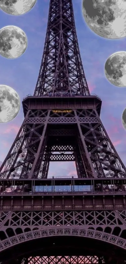 Wallpaper of Eiffel Tower with moons in a vibrant sky.