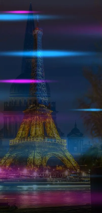 Eiffel Tower at night with vibrant neon lights and a dark blue sky.