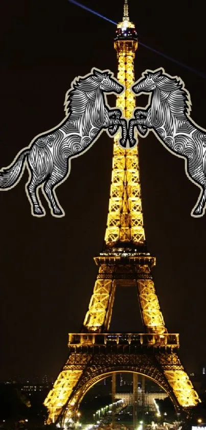 Eiffel Tower at night with artistic horse design overlay.