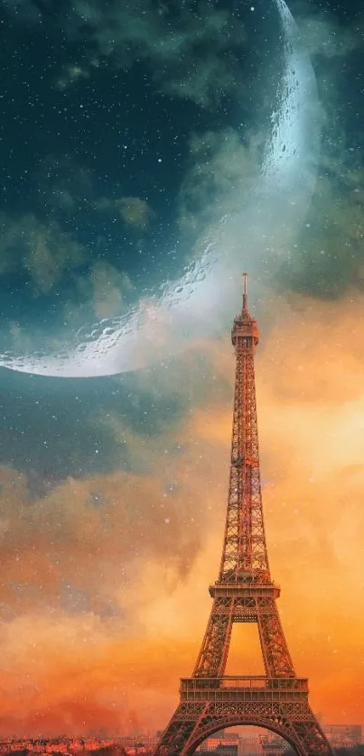 Eiffel Tower with crescent moon in a vibrant night sky.