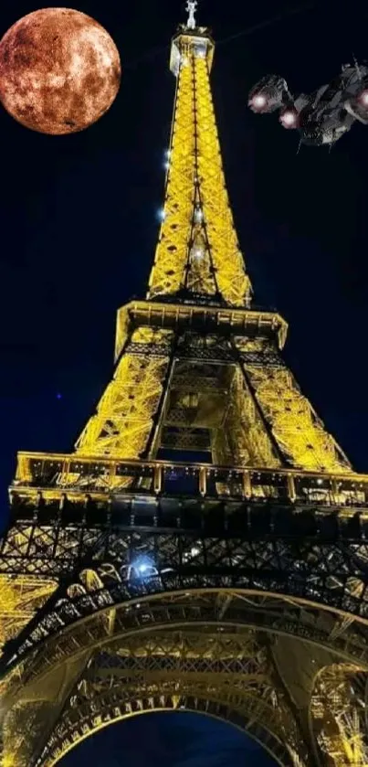 Fantasy Eiffel Tower with moon and spaceship at night.