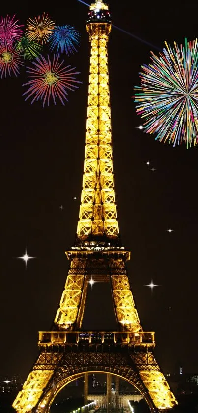 Eiffel Tower illuminated at night with fireworks in the sky.