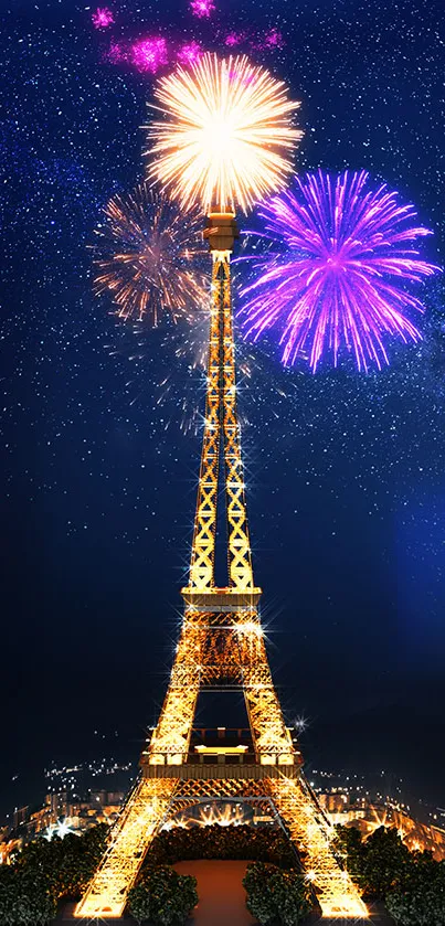 Eiffel Tower with vibrant fireworks against a starry night sky.