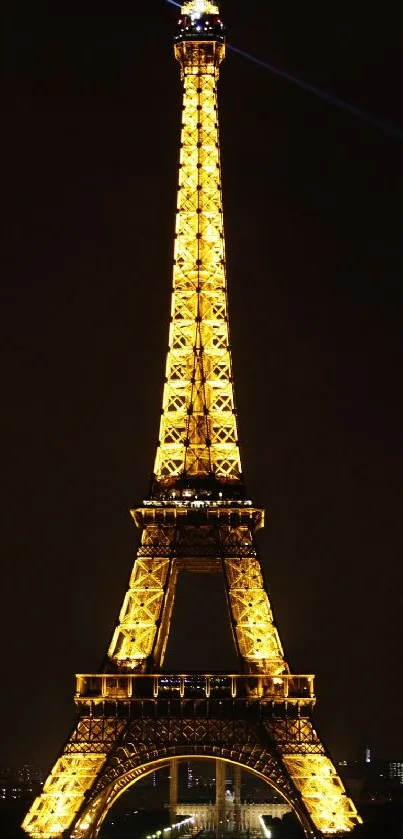 Stunning night view of the illuminated Eiffel Tower glowing in gold.