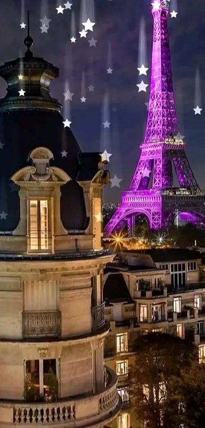 Eiffel Tower glowing at night over Paris cityscape.