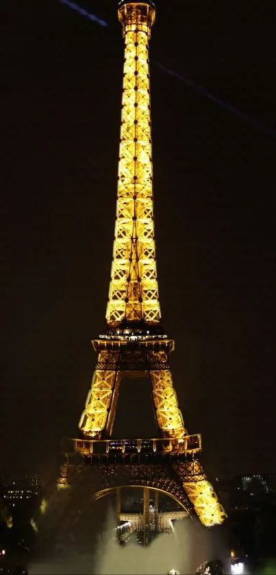 Eiffel Tower glowing at night with cityscape backdrop.