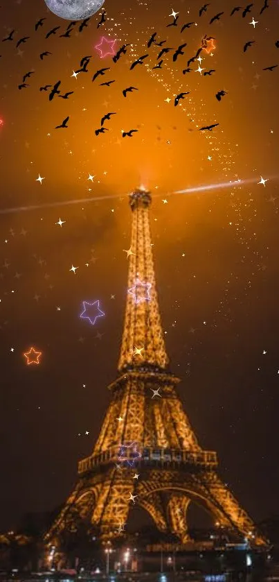 Eiffel Tower at night with stars and glowing sky.