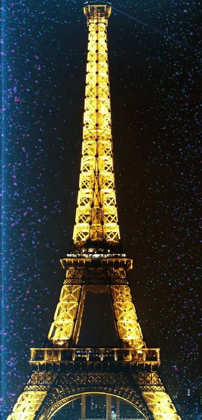 Eiffel Tower glowing at night with vibrant colors, perfect for a phone wallpaper.