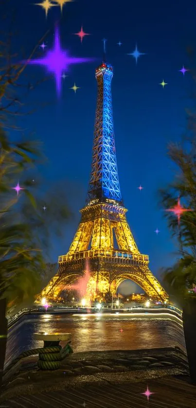 Eiffel Tower illuminating the night sky with colorful stars, creating a vibrant scene.