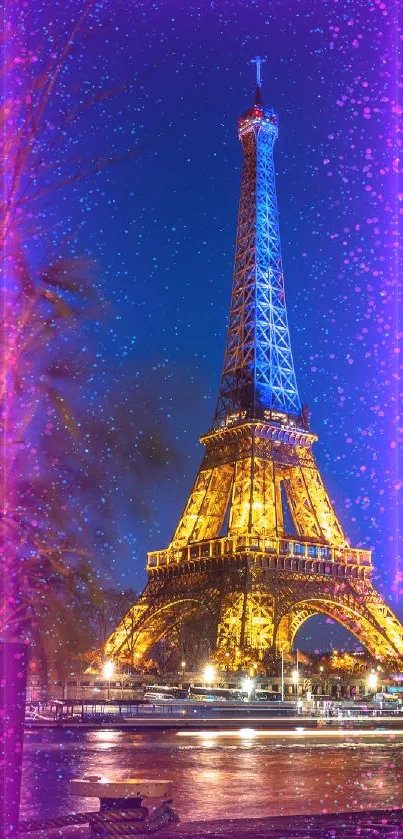 Eiffel Tower glowing at night with neon and starry sky.