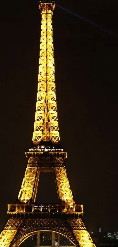 Eiffel Tower glowing gold at night against a dark sky.