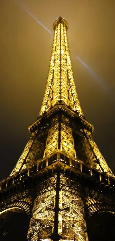 Eiffel Tower glowing at night with golden lights against the dark sky.