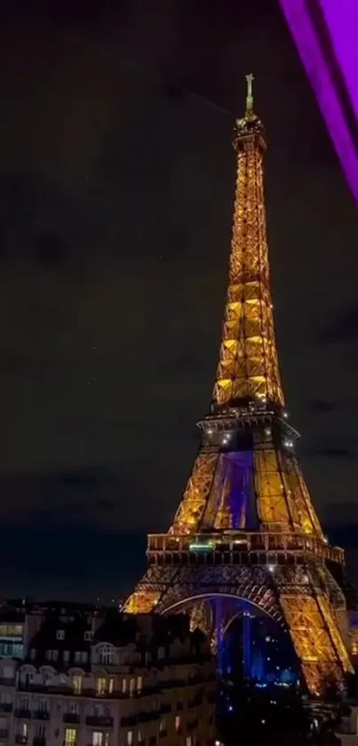 Eiffel Tower lit up in Paris night scene.