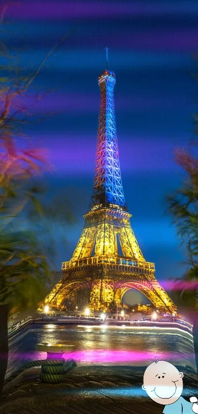 Illuminated Eiffel Tower at night with vibrant colors and scenic reflections.