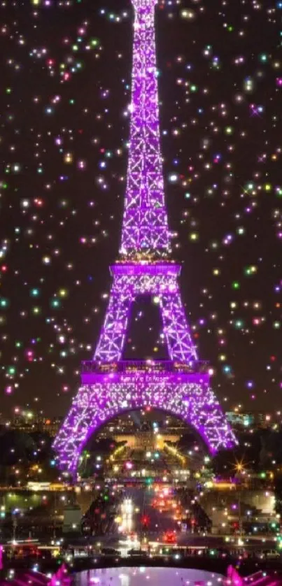 Eiffel Tower lit up in vibrant purple lights at night.