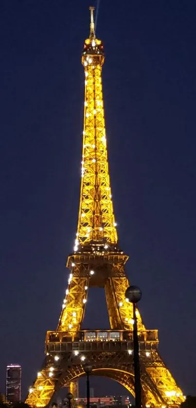 Eiffel Tower glowing at night in deep blue sky.